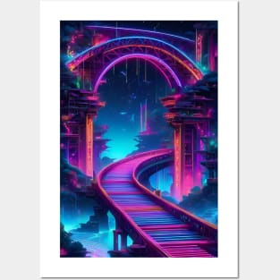 Neon bridge in cyberpunk aesthetic Posters and Art